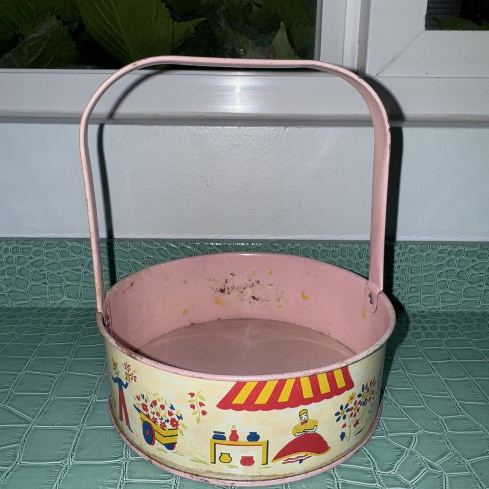 Vintage Toy Tin Litho Easter Basket Sand Candy Pail Bucket Flower Spring